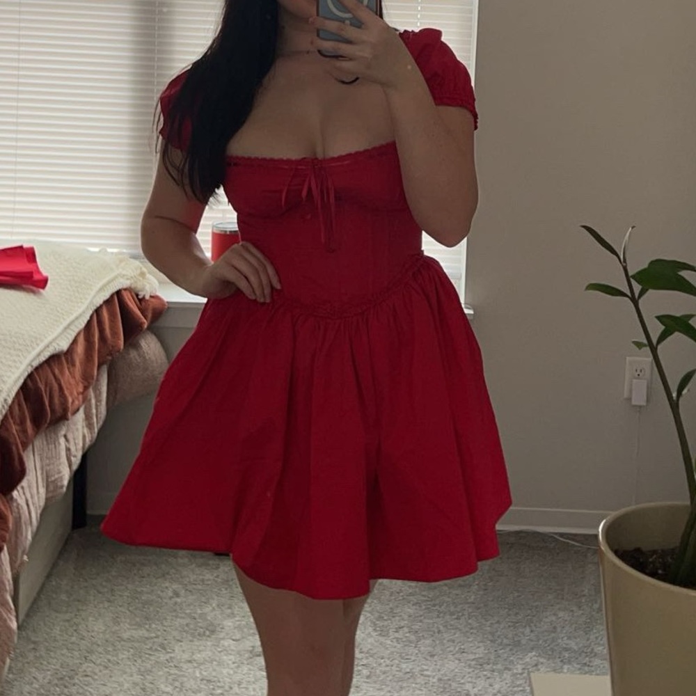 Sweet Corset Red Mini Dress with Puff Sleeves